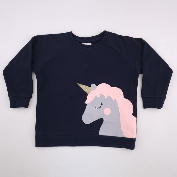 5-6Y Girls Navy With Unicorn And Gold Horn Top - Cotton On