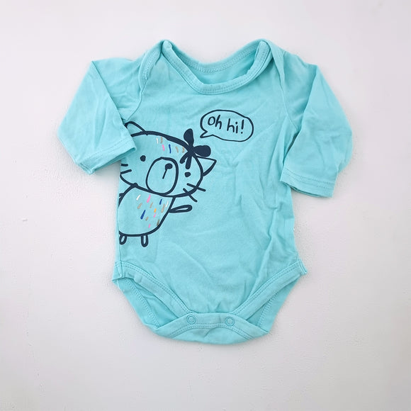 Newborn Girls Turquoise Oh Hi Kitty Long Sleeve Onesie - Woolworths