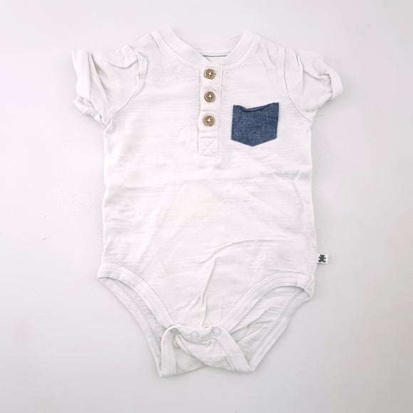 3-6M Boys White With Denim Pocket Onesie - Woolworths