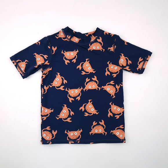 4-5Y Boys Navy Blue with Crabs Swim Top  - Wave Zone