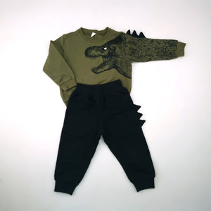 <b><span style="background-color: #FFC808"><font color="black">&nbsp;*PLAYGROUND*&nbsp;</font></span></b> 3-4Y Boys Green top with T-Rex with Black Bottoms - Shein