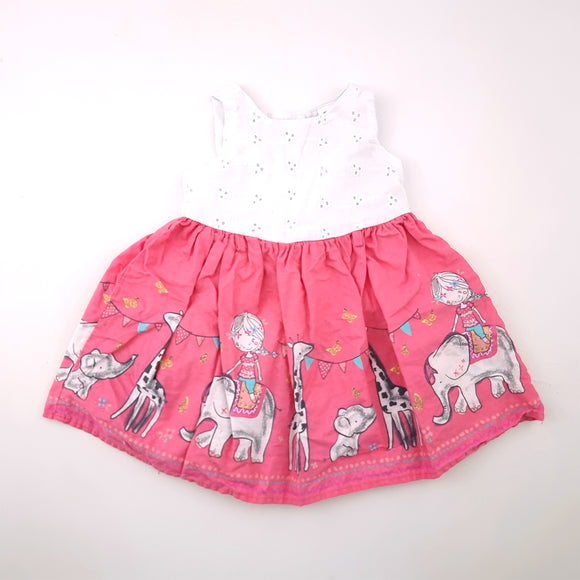 3-6M Girls White and Pink With Girl Riding Elephant Dress - Ackermans