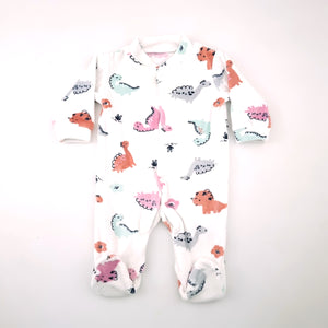 0-3M Girls White with Dinos Fleece Onesie - Woolworths