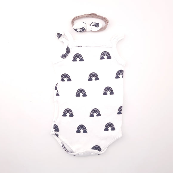 3-6M Girls White With Black Rainbows and Bow Set - Maddon and Cole