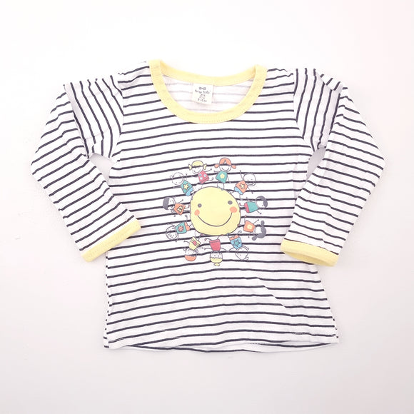 3-6M Boys White and Black Striped Smiley Long Sleeve Shirt - Tiny Tots