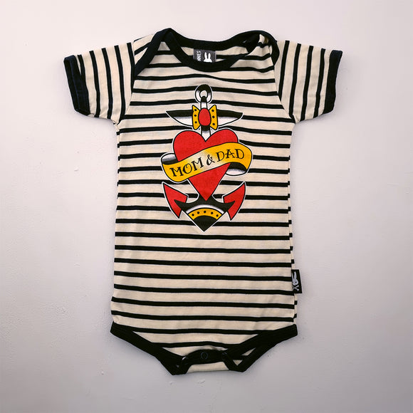 6-12M Boys Cream and Blue Striped Mom & Dad Onesie - Six Bunnies