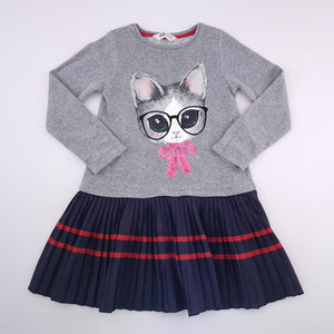 5-6Y Girls Grey With Cat And Blue Bottom Dress - H&M
