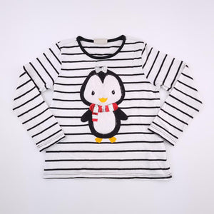 5-6Y Girls White With Blue Stripe and Penguin Shirt - LC Waikiki