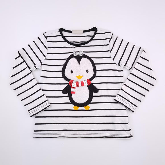 5-6Y Girls White With Blue Stripe and Penguin Shirt - LC Waikiki