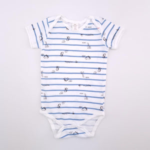 0-3M Boys White With Blue Stripes And Dino's Romper - Tiny Tots