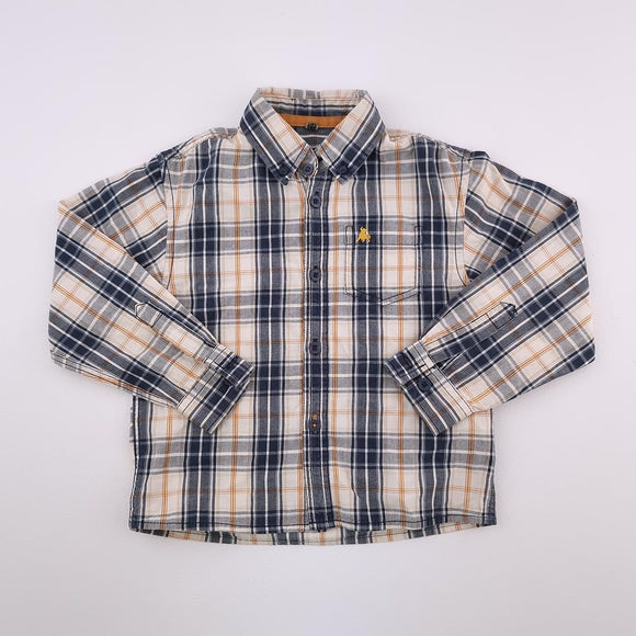 3-4Y Boys Beige with Blue and Cream Blocks Button Shirt - Rebel