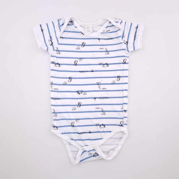 3-6M Boys White With Blue Stripes And Dino's Onesie - Tiny Tot