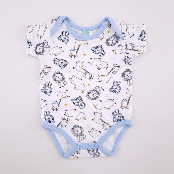 0-3M Boys White With Blue Outlined Animals Onesie - Ackermans
