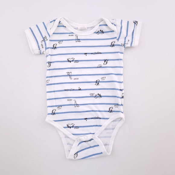 0-3M Boys White With Blue Stripes And Dino's Onesie - Tiny Tots