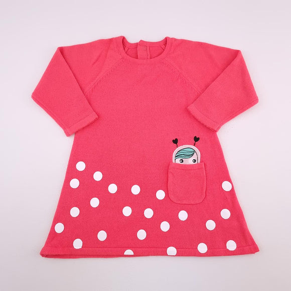 12-18M Girls Pink With White Dots Knitted Dress - Woolworths