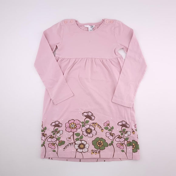 7-8Y Girls Pink with Flowers Long Sleeve Dress - H&M