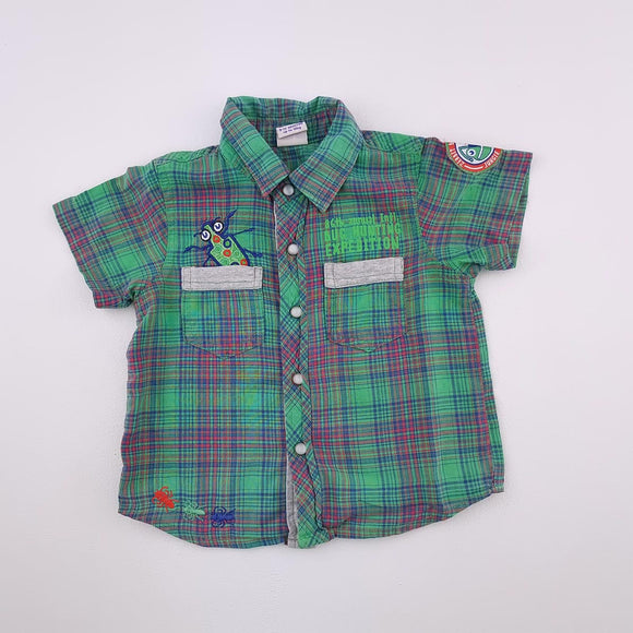 9-12M Boys Green and Red with Bug Button Shirt - Zerbit