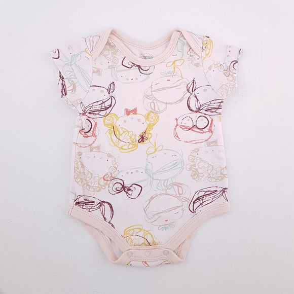 3-6M Girls White With Girl Faces Onesie - Mama's and Papa's