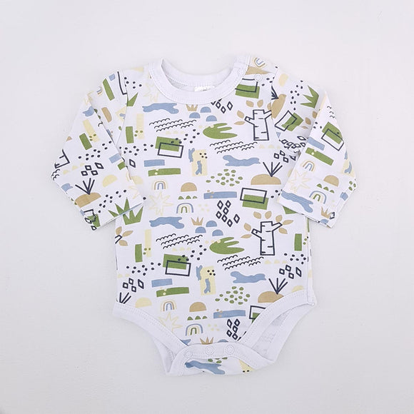 0-3M Boys White With Green, Brown, Blue and Yellow Shapes Onesie - Clicks