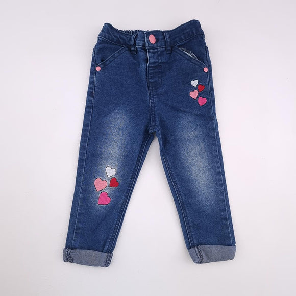 18-24M Girls Blue Denim With Hearts And Pink Button Jean - Edgars
